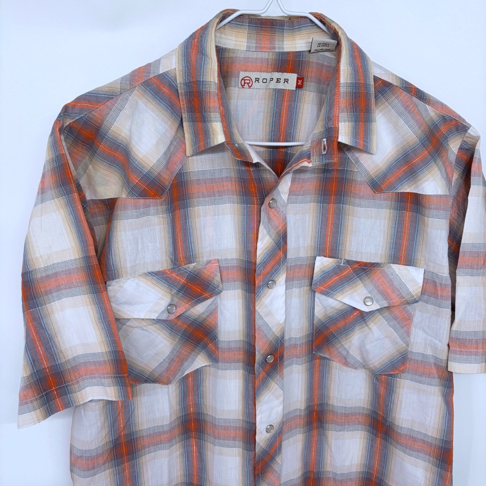 Roper Pearl Snap Western Shirt Men's Medium Plaid Orange White Rodeo Cowboy - Picture 2 of 6